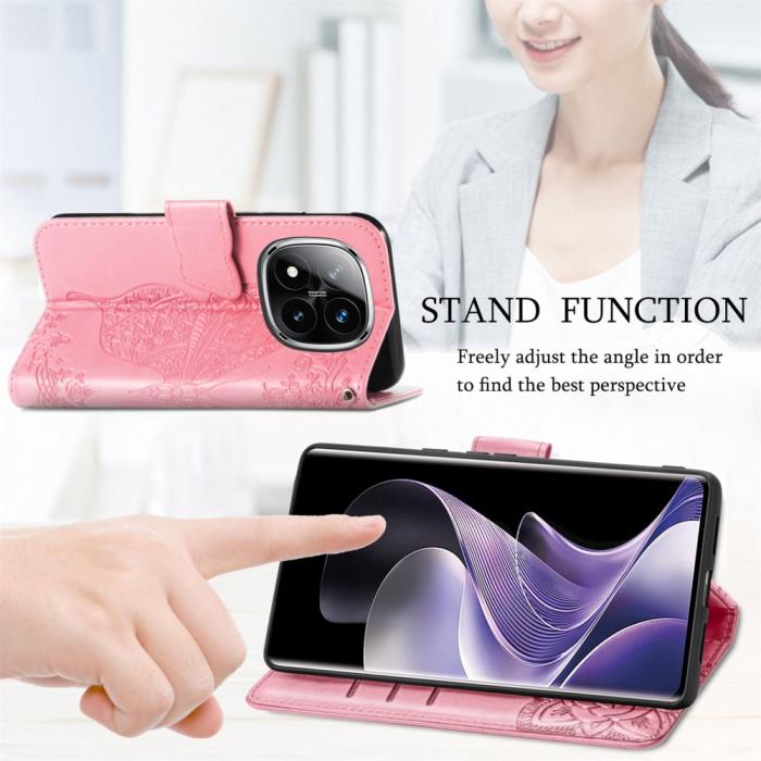 Bild 5,  Xiaomi Redmi Note 14 Pro 5G Fodral Läder Fjäril Tryck Rosa - Teknikhallen.se