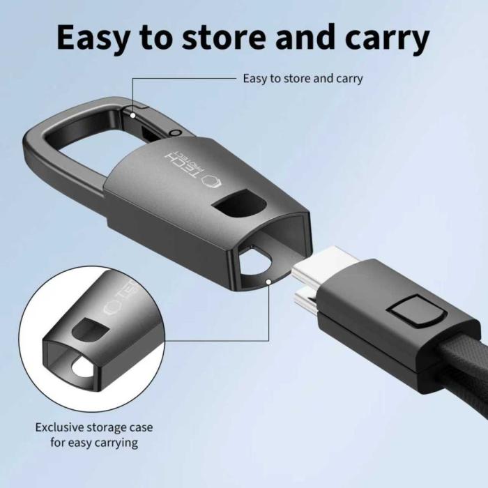 Bild 2, Tech-Protect Tech-Protect 60W/3A PD USB-C - USB-C Kabel Nyckelring Iron Grey - Teknikhallen.se