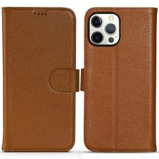 iPhone 13 Pro Fodral &Auml;kta L&auml;der Litchi Textur Ljus Brun - Teknikhallen.se