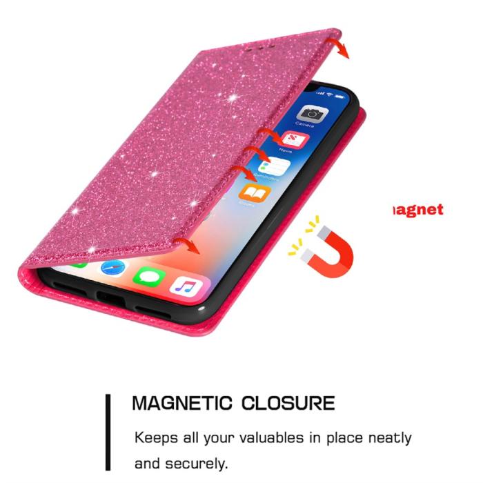 Bild 5,  iPhone 15 Plus Fodral Flip Glitter Rosa - Teknikhallen.se