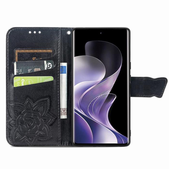 Bild 2,  Xiaomi Redmi Note 14 Pro 5G Fodral Läder Fjäril Tryck Svart - Teknikhallen.se
