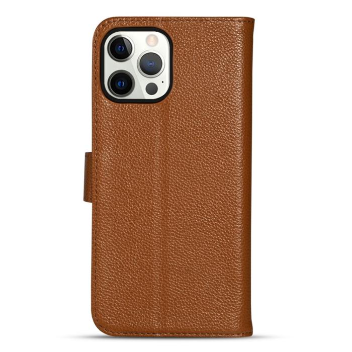 Bild 3,  iPhone 13 Pro Fodral Äkta Läder Litchi Textur Ljus Brun - Teknikhallen.se