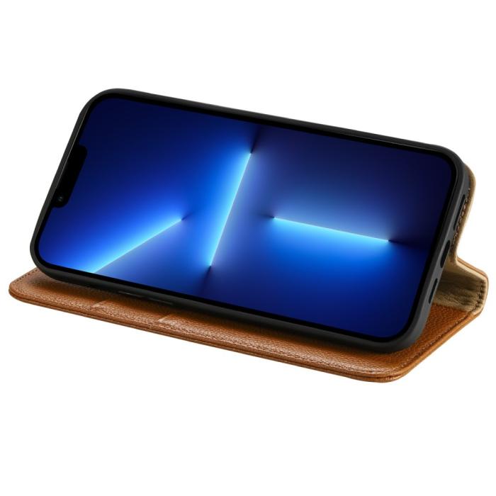Bild 4,  iPhone 13 Pro Fodral Äkta Läder Litchi Textur Ljus Brun - Teknikhallen.se
