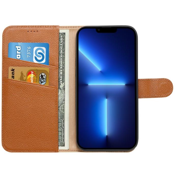 Bild 5,  iPhone 13 Pro Fodral Äkta Läder Litchi Textur Ljus Brun - Teknikhallen.se