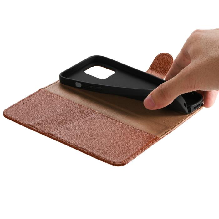 Bild 6,  iPhone 13 Pro Fodral Äkta Läder Litchi Textur Ljus Brun - Teknikhallen.se