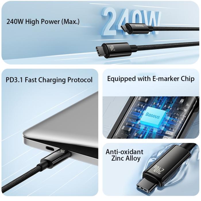 Bild 5, BASEUS Baseus 3m 240W USB-C - USB-C Kabel Tungsten Gold Series Svart - Teknikhallen.se