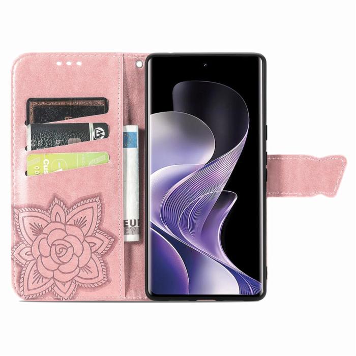 Bild 2,  Xiaomi Redmi Note 14 Pro 5G Fodral Läder Fjäril Tryck Roséguld - Teknikhallen.se