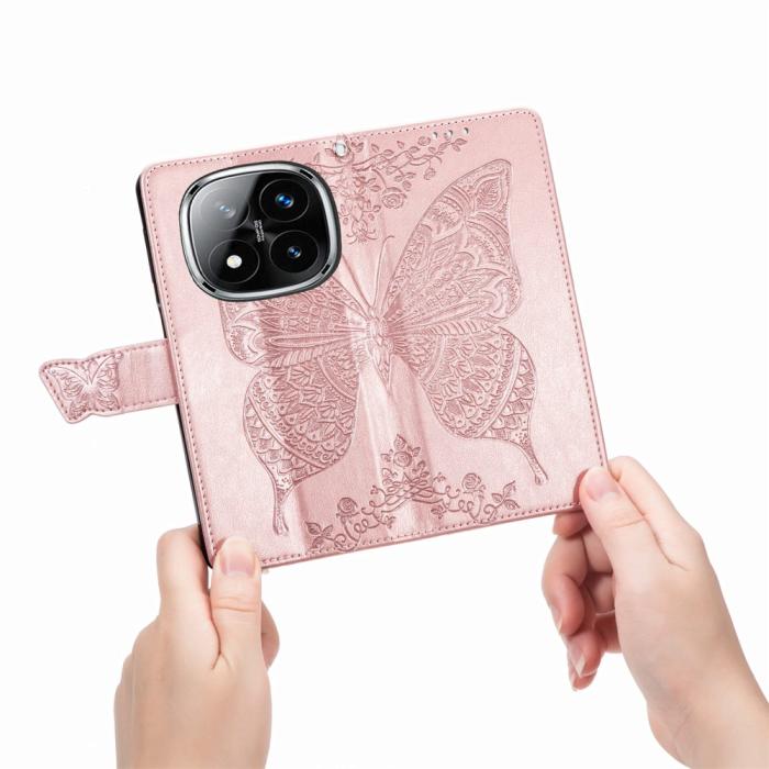 Bild 4,  Xiaomi Redmi Note 14 Pro 5G Fodral Läder Fjäril Tryck Roséguld - Teknikhallen.se