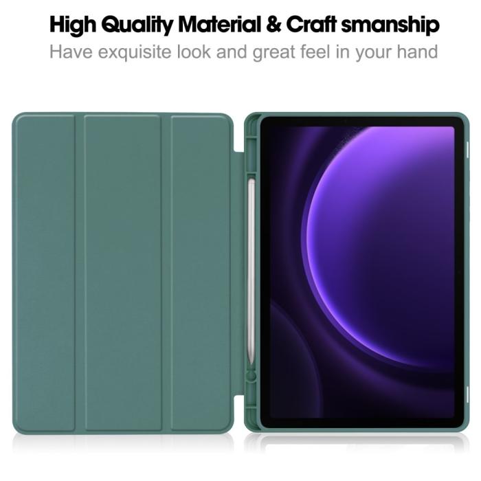 Bild 2,  Samsung Galaxy Tab S9 FE Fodral Läder Pennhållare Svartgrön - Teknikhallen.se