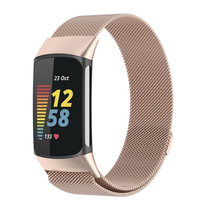 Bild 3,  Fitbit Charge 6 / 5 Metall Armband Milanese Loop Champagne Guld - Teknikhallen.se
