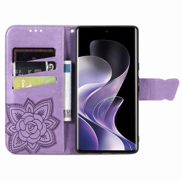 Bild 2,  Xiaomi Redmi Note 14 Pro 5G Fodral Läder Fjäril Tryck Lila - Teknikhallen.se