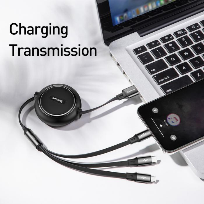 Bild 2, BASEUS Basues 1.2 m 3in1 USB-C / Lightning / MicroUSB Retractable Svart - Teknikhallen.se
