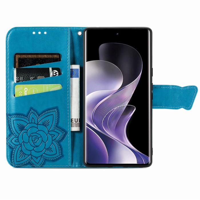 Bild 2,  Xiaomi Redmi Note 14 Pro 5G Fodral Läder Fjäril Tryck Blå - Teknikhallen.se