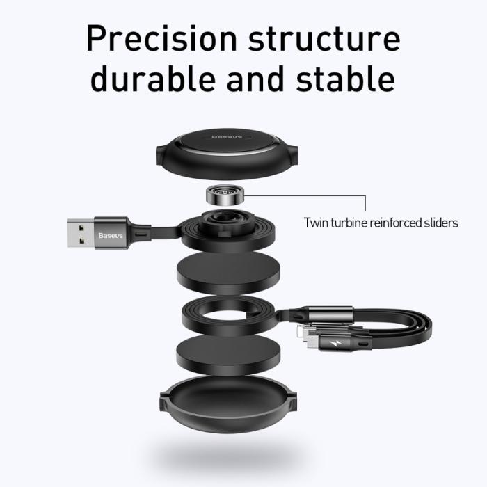 Bild 3, BASEUS Basues 1.2 m 3in1 USB-C / Lightning / MicroUSB Retractable Svart - Teknikhallen.se