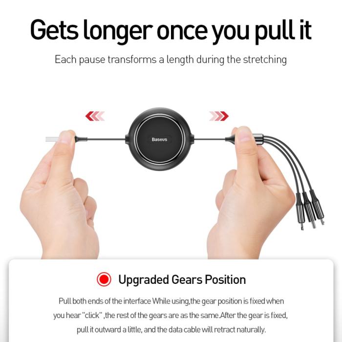 Bild 4, BASEUS Basues 1.2 m 3in1 USB-C / Lightning / MicroUSB Retractable Svart - Teknikhallen.se