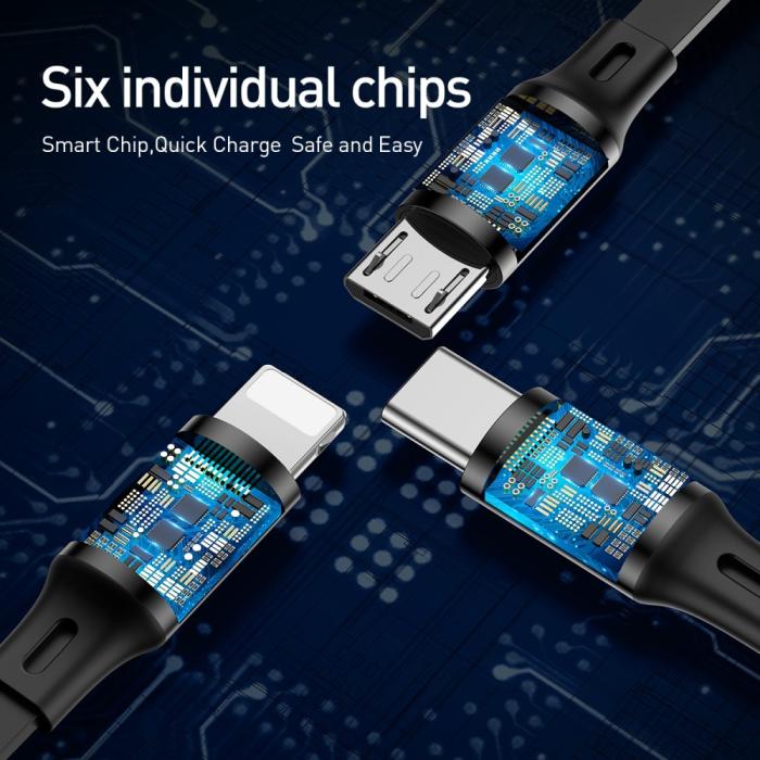 Bild 6, BASEUS Basues 1.2 m 3in1 USB-C / Lightning / MicroUSB Retractable Svart - Teknikhallen.se
