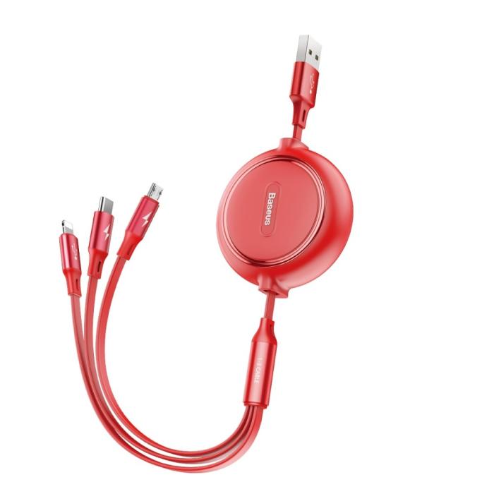 Bild 2, BASEUS Basues 1.2 m 3in1 USB-C / Lightning / MicroUSB Retractable Röd - Teknikhallen.se