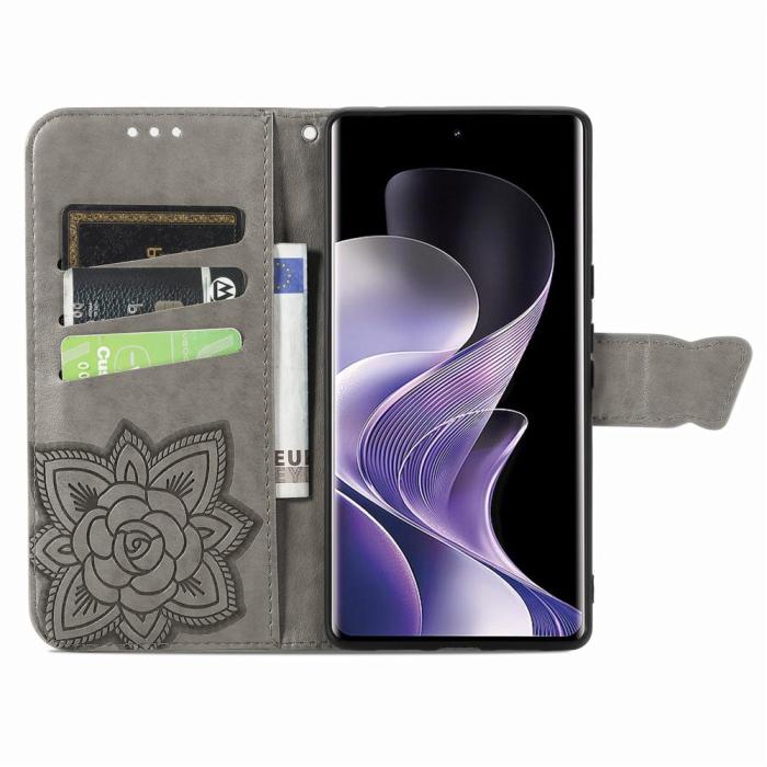 Bild 2,  Xiaomi Redmi Note 14 Pro 5G Fodral Läder Fjäril Tryck Grå - Teknikhallen.se