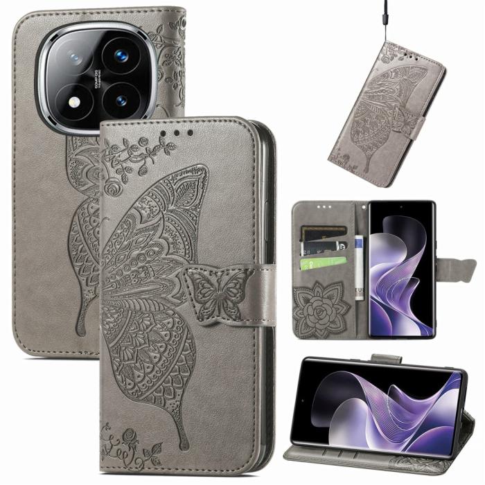 Bild 4,  Xiaomi Redmi Note 14 Pro 5G Fodral Läder Fjäril Tryck Grå - Teknikhallen.se
