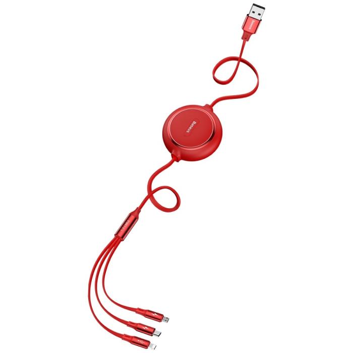 Bild 3, BASEUS Basues 1.2 m 3in1 USB-C / Lightning / MicroUSB Retractable Röd - Teknikhallen.se