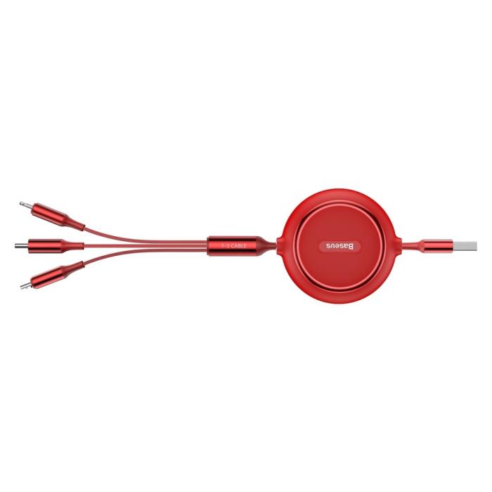Bild 4, BASEUS Basues 1.2 m 3in1 USB-C / Lightning / MicroUSB Retractable Röd - Teknikhallen.se