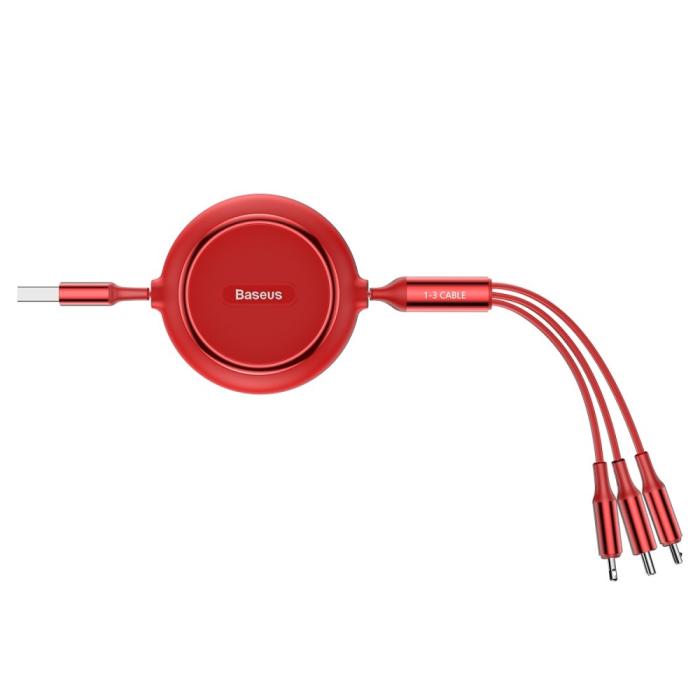 Bild 5, BASEUS Basues 1.2 m 3in1 USB-C / Lightning / MicroUSB Retractable Röd - Teknikhallen.se