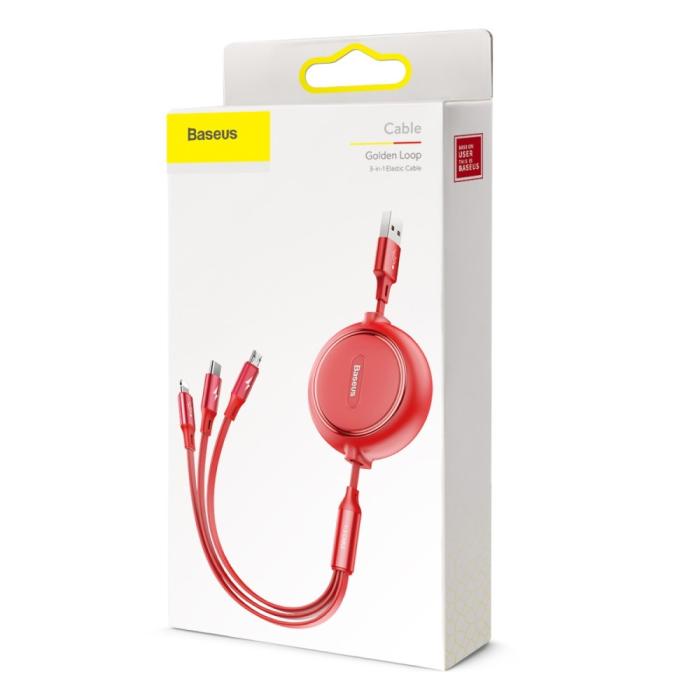 Bild 6, BASEUS Basues 1.2 m 3in1 USB-C / Lightning / MicroUSB Retractable Röd - Teknikhallen.se