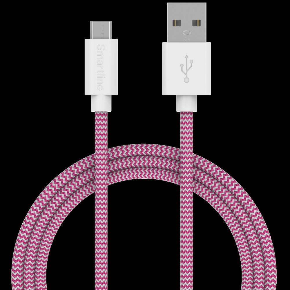 Smartline Smartline 2m Micro USB Nylon Laddningskabel Rosa/Vit - Teknikhallen.se