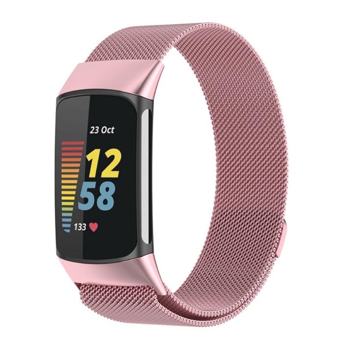 Bild 3,  Fitbit Charge 6 / 5 Metall Armband Milanese Loop Rosa - Teknikhallen.se