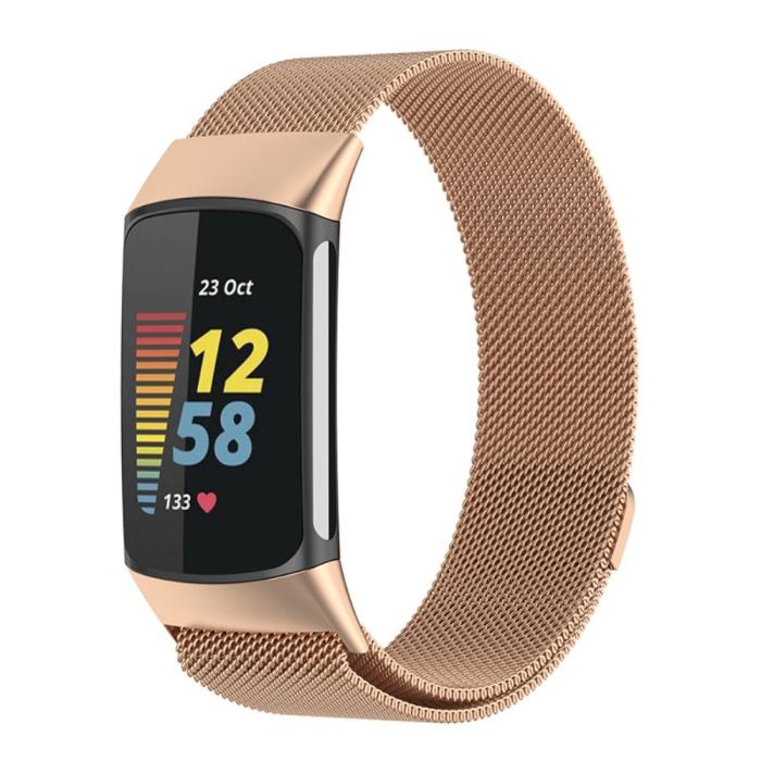 Bild 3,  Fitbit Charge 6 / 5 Metall Armband Milanese Loop Roséguld - Teknikhallen.se