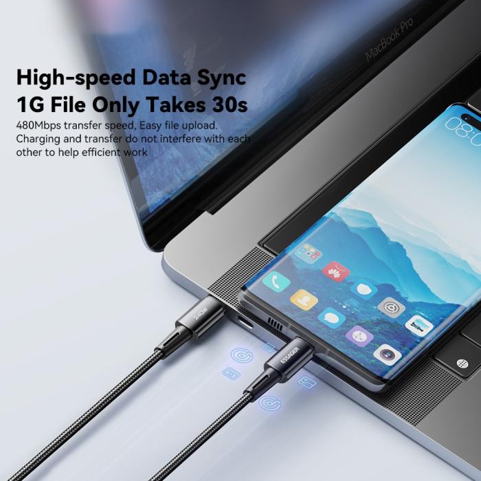 Bild 4, ESSAGER ESSAGER 2m 240W PD USB-C - USB-C Nylonkabel Svart - Teknikhallen.se