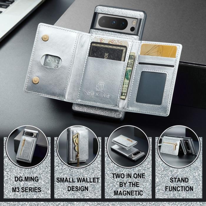 Bild 4, DG.MING DG.MING Google Pixel 8 Pro Skal Magnetisk Plånbok Glitter Silver - Teknikhallen.se