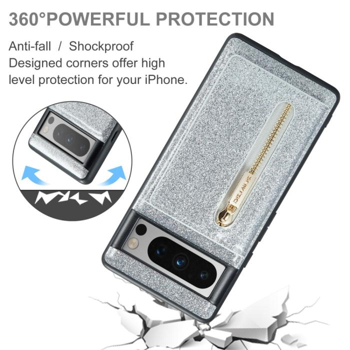 Bild 6, DG.MING DG.MING Google Pixel 8 Pro Skal Magnetisk Plånbok Glitter Silver - Teknikhallen.se