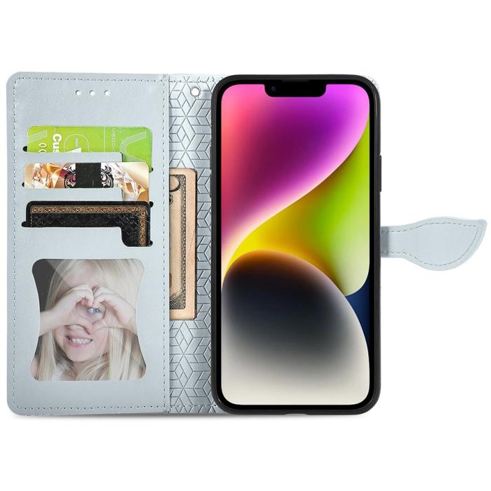 Bild 2,  iPhone 15 Plus Fodral Läder Med Tryck Grå - Teknikhallen.se
