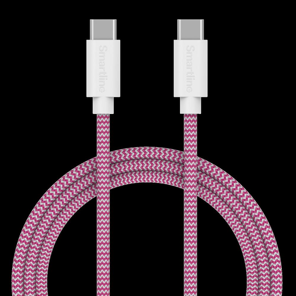 Smartline Smartline 1m 3A USB-C - USB-C Nylon Laddningskabel Rosa/Vit - Teknikhallen.se