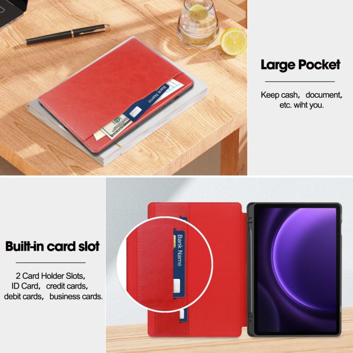 Bild 3,  Galaxy Tab S9 FE Fodral Business Läder Pennhållare Röd - Teknikhallen.se