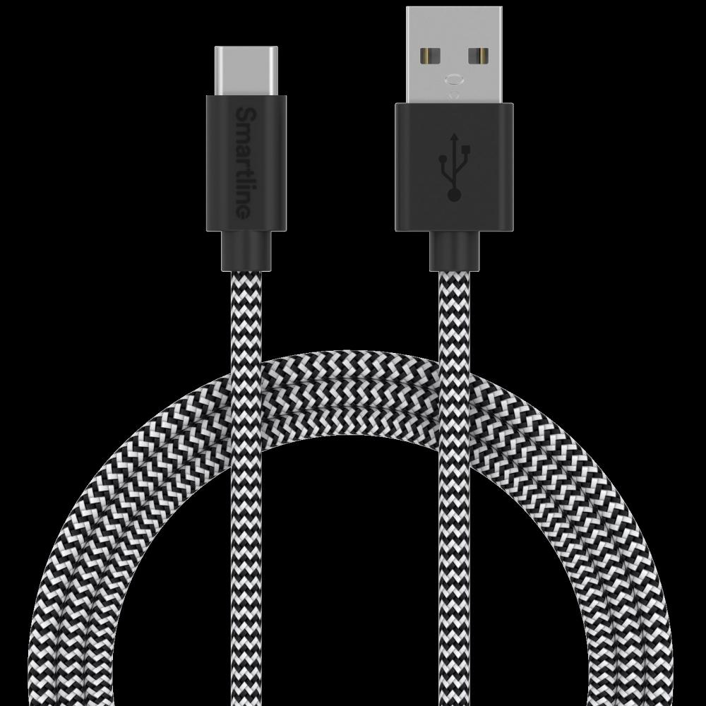 Smartline Smartline 2m 3A USB-C Nylon Laddningskabel Svart/Vit - Teknikhallen.se