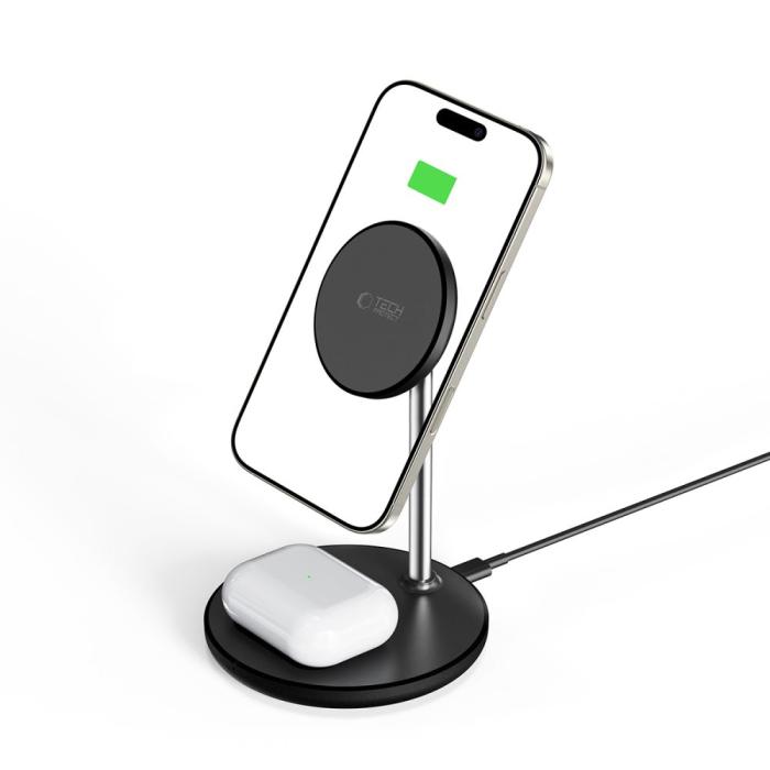 Bild 2, Tech-Protect Tech-Protect 15W Qi 2in1 Magnetisk MagSafe Laddare Svart - Teknikhallen.se