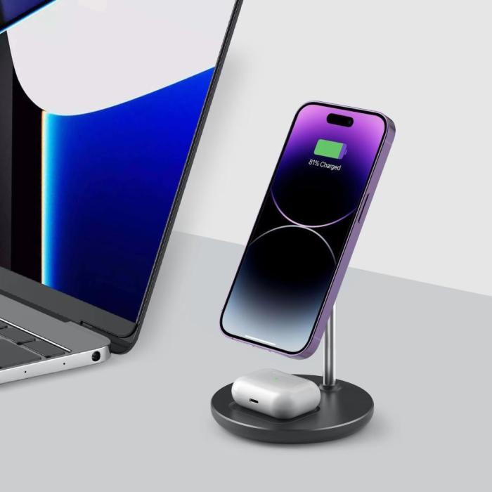 Bild 6, Tech-Protect Tech-Protect 15W Qi 2in1 Magnetisk MagSafe Laddare Svart - Teknikhallen.se
