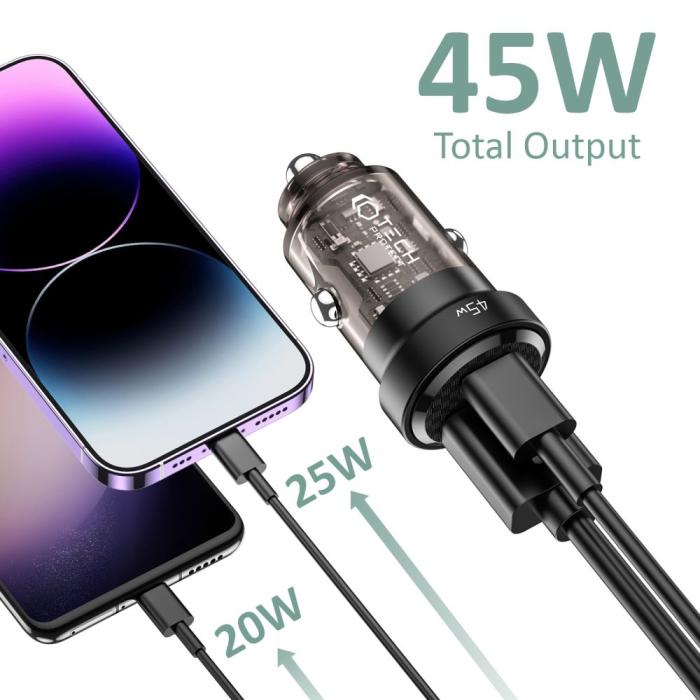 Bild 2, Tech-Protect Tech-Protect 45W PD QC USB-C/USB-A Billaddare Svart - Teknikhallen.se