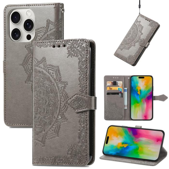 Bild 4,  iPhone 16 Pro Max Fodral Mandala Läder Grå - Teknikhallen.se