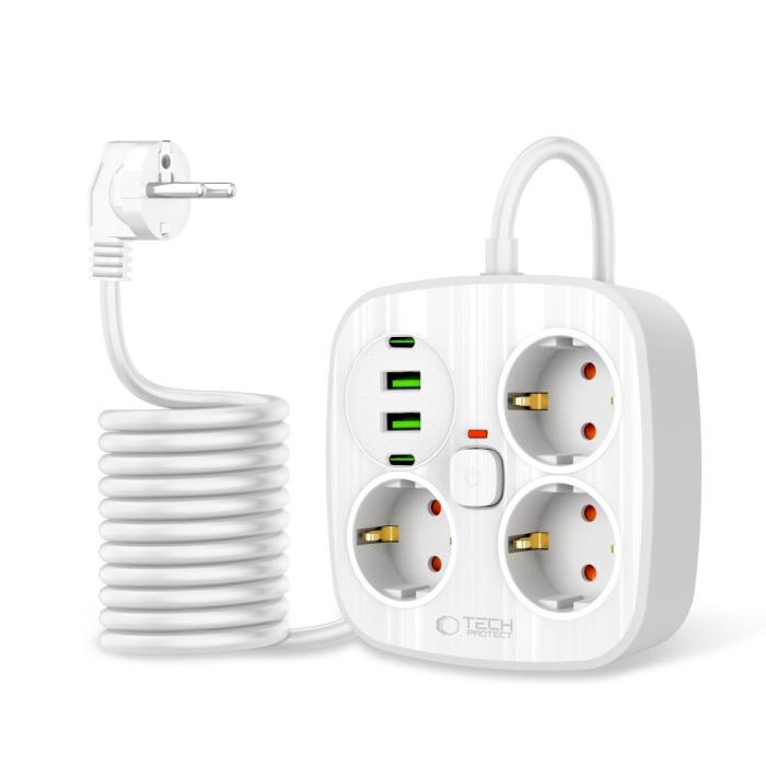 Bild 2, Tech-Protect Tech-Protect 2m Förgreningsdosa Med USB-C/USB-A Vit - Teknikhallen.se