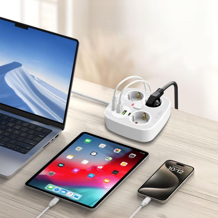 Bild 4, Tech-Protect Tech-Protect 2m Förgreningsdosa Med USB-C/USB-A Vit - Teknikhallen.se