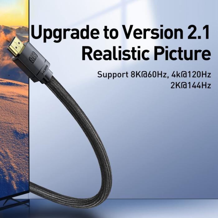 Bild 3, BASEUS Baseus 2m 8K 60Hz HD HDMI - HDMI 2.1 Nylon Kabel Svart - Teknikhallen.se