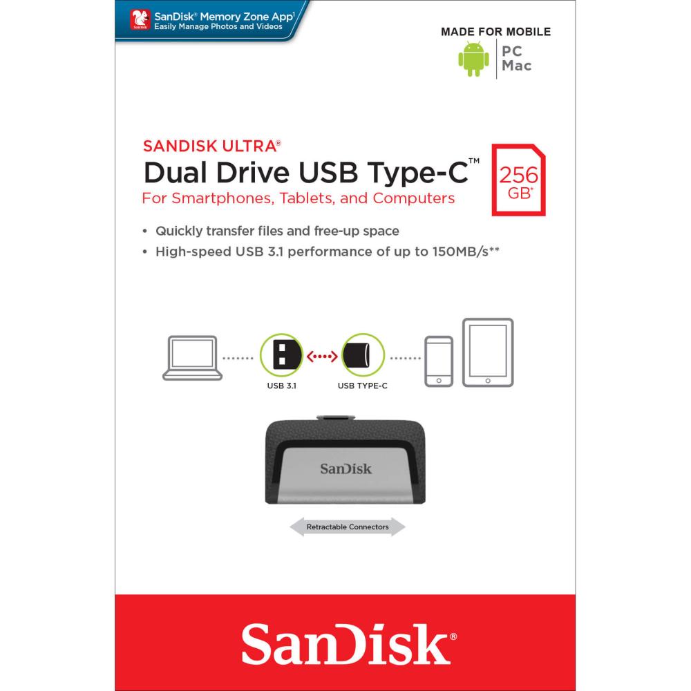 SanDisk SanDisk USB-minne 3.1 Ultra Dual 256 GB Typ C - Teknikhallen.se