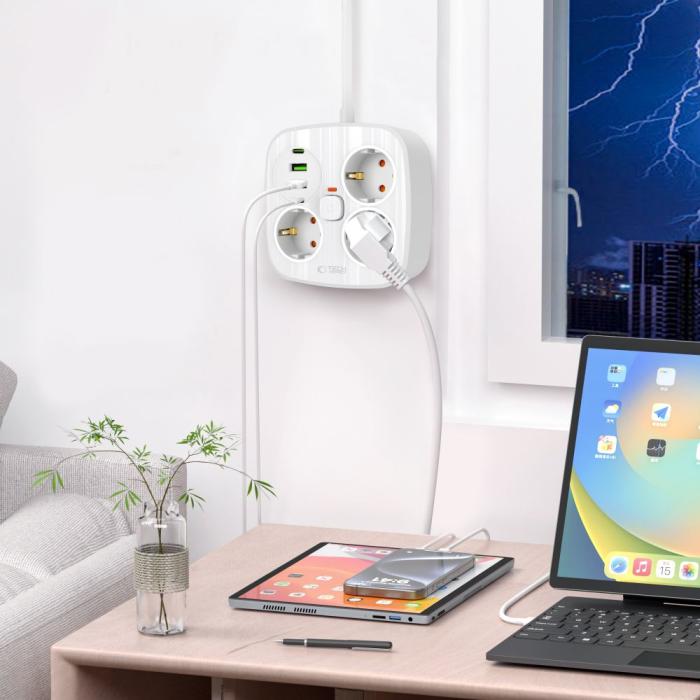 Bild 5, Tech-Protect Tech-Protect 2m Förgreningsdosa Med USB-C/USB-A Vit - Teknikhallen.se