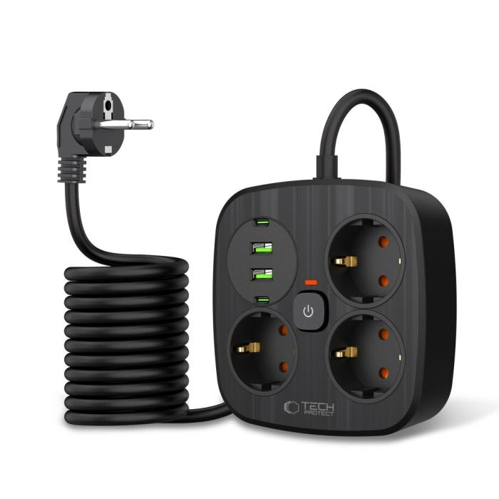 Bild 2, Tech-Protect Tech-Protect 2m Förgreningsdosa Med USB-C/USB-A Svart - Teknikhallen.se