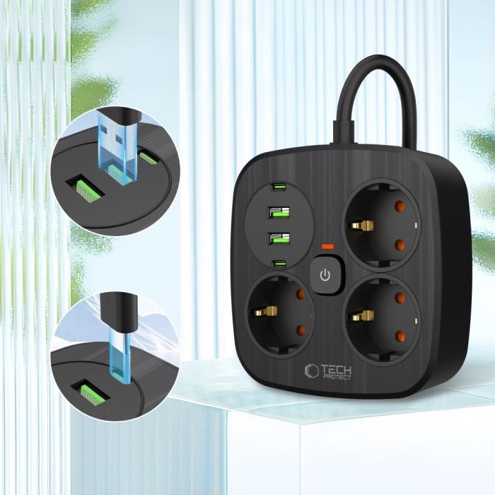 Bild 3, Tech-Protect Tech-Protect 2m Förgreningsdosa Med USB-C/USB-A Svart - Teknikhallen.se