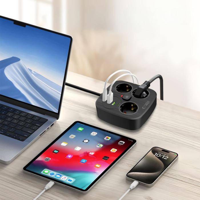 Bild 4, Tech-Protect Tech-Protect 2m Förgreningsdosa Med USB-C/USB-A Svart - Teknikhallen.se