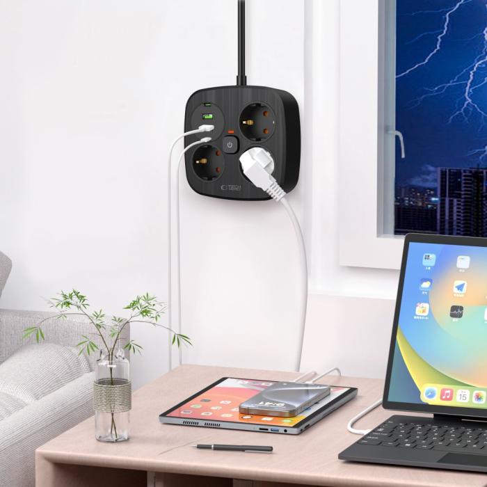 Bild 5, Tech-Protect Tech-Protect 2m Förgreningsdosa Med USB-C/USB-A Svart - Teknikhallen.se